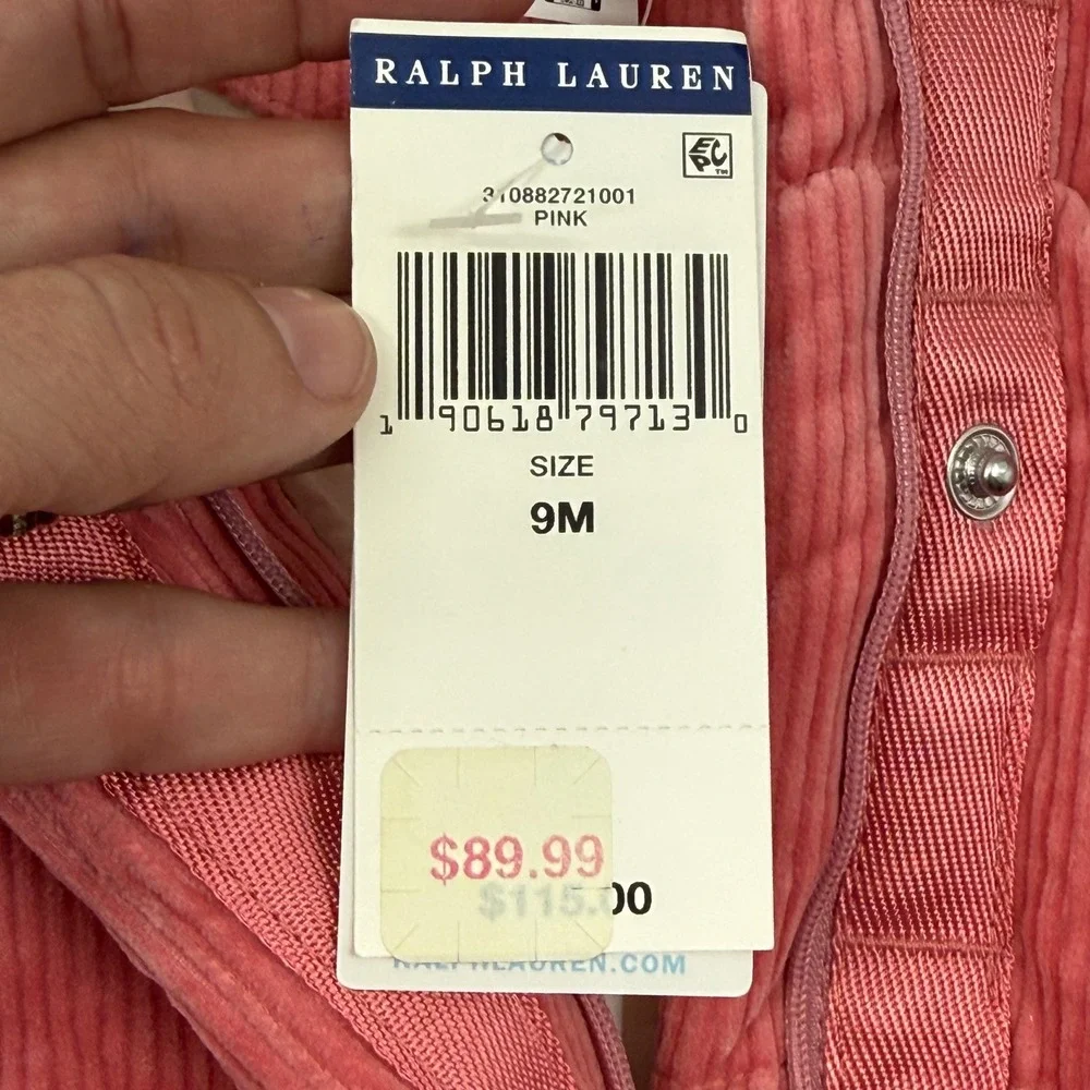 Ralph Lauren Pink Corduroy Puffer Vest Baby Girls 9M NWT fall preppy fashion